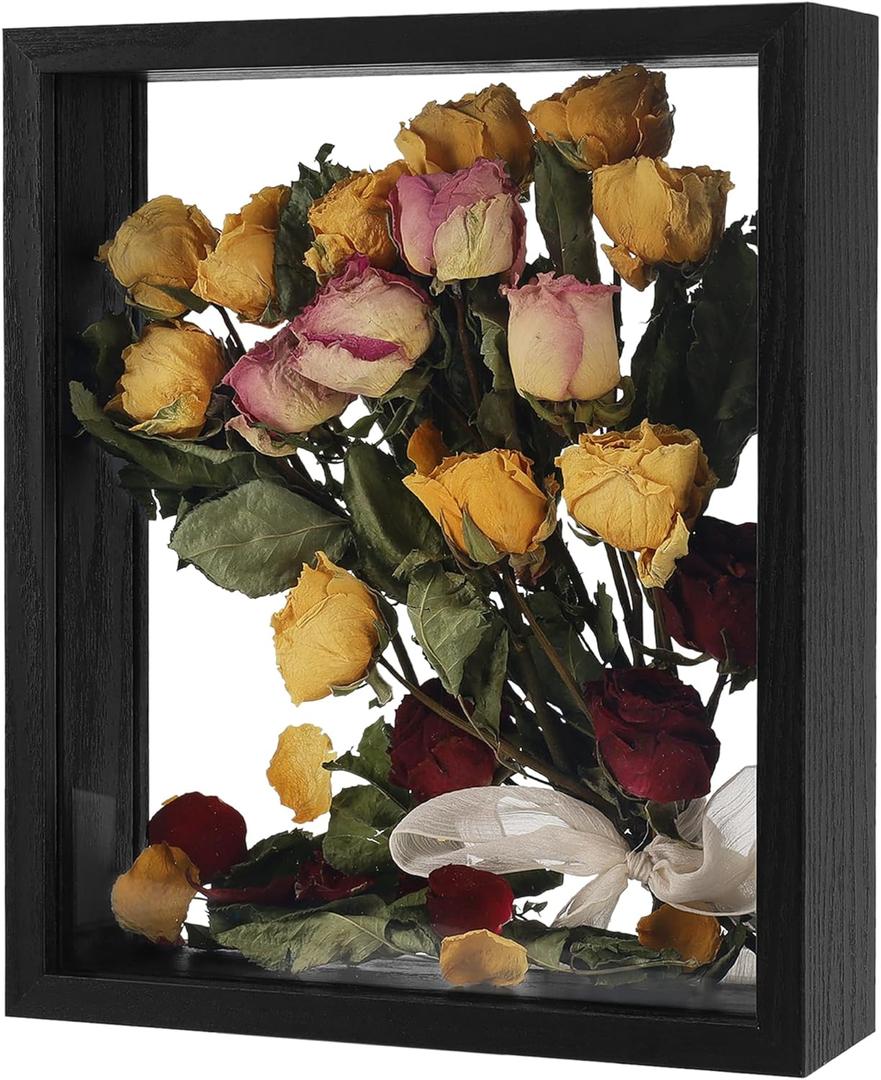Wooden Dried Flower Frame, Floating Wood Shadow Box Frame for Pressed Flowers Double Acrylic Picture Frame Tabletop DIY Gifts for Family Friends Rectangle Black 810 inches (FRAME ONLY)