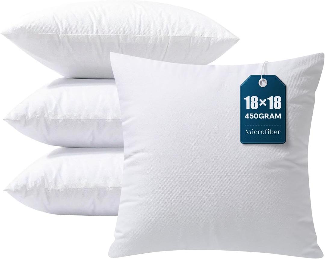 Phantoscope Pillow Inserts, Hypoallergenic 100% Virgin Fiber Square Form Microfiber Throw Pillow Inserts, Couch Bed Pillows 45x45 cm, 18x18 Inch (Pack of 4) (White)