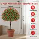 24 Artificial Boxwood Topiary Ball Tree with Rose - Set of 2 Artificial Shrub Bushes with Ground Spike, Keep Evergreen, Fake Plants for Garden Porch Countyard Patio Valentine's Day Decor