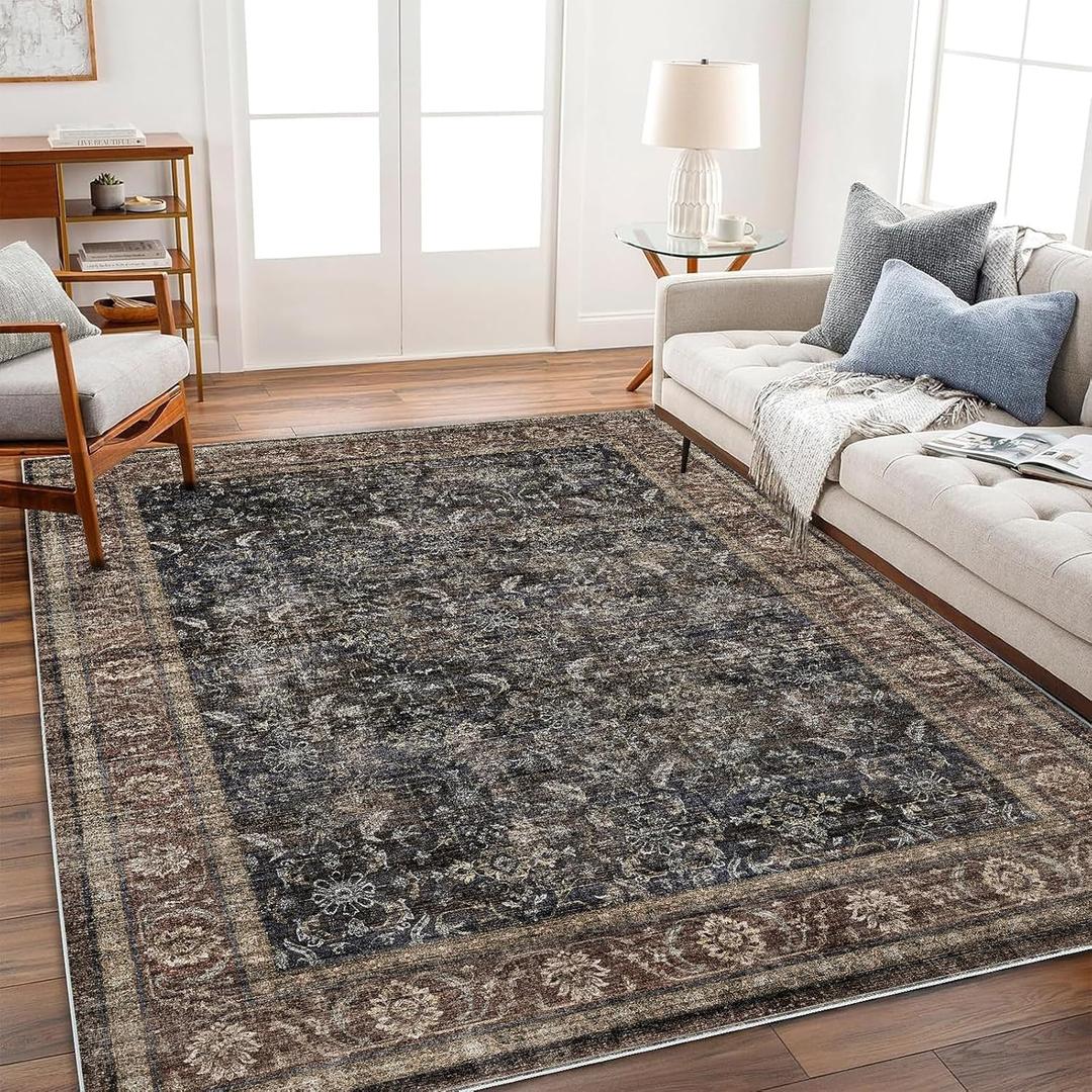 CHAMPLANT Washable Area Rug 3'x5' Vintage Traditional Floor Cover Foldable Thin Rugs Retro Kitchen Indoor Distressed Non Slip Carpet Floral Print Mat Bedroom Living Room