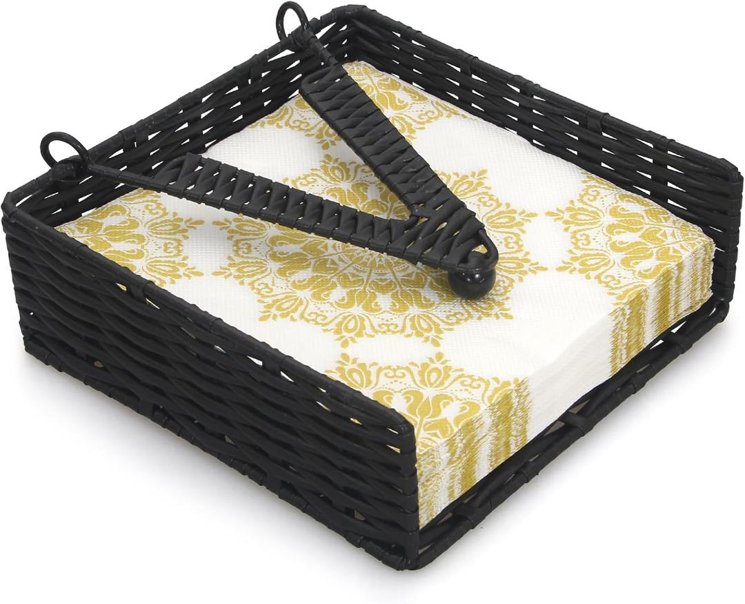 Weighted Napkin Holder Rattan Napkin Holders for Kitchen Cocktail Napkin Holder Farmhouse Wicker Napkin Holders for Table Bathroom Napkin Basket Woven Guest Towel Holder with Weighted Arm (Black)