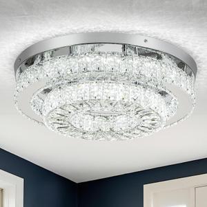 HOPGGIE 18 Crystal Chandelier 2-Layer Ceiling Light Fixture Flush Mount LED Large Chandelier Light for Living Room Dining Room Bedroom (Cool White)