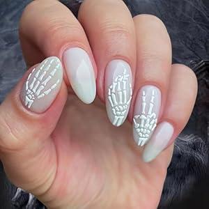 CEWEWP Medium Press On Nails - Almond Fake Nails, White Glue Ons, Skeleton Hand Design, 24Pcs Solid Color Stiletto Full Cover False Nails
