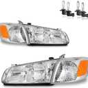 Headlights Assembly for 2000-2001 Toyota Camry CE LE XLE Headlamp Replacement with Amber Corner Lamps, Chrome Housing Amber Reflector Pair Set