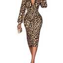 SweatyRocks Women's Long Sleeve Lace Deep V Neck Ruched Cheetah Print Bodycon Midi Dress Leopard Brown, Large