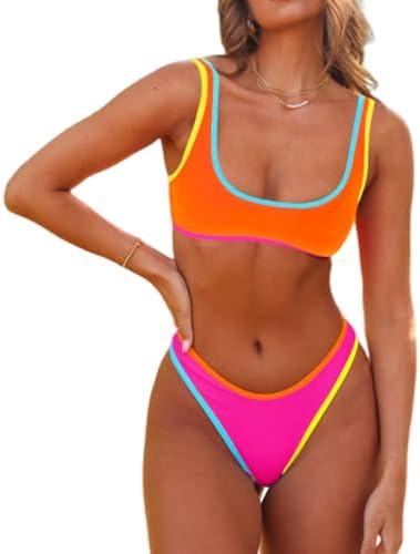 SherryDC Women's Sexy Scoop Neck Bikini Sets Color Block High Cut Thong Brazilian Two Pieces Swimsuit Bathing Suit M