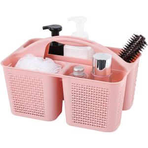 UUJOLY Plastic Portable Shower Caddy Basket Bucket, Cleaning Shower Basket with Handle Compartments Storage Basket Organizer for Bathroom Kitchen College Dorm Sink, Pink