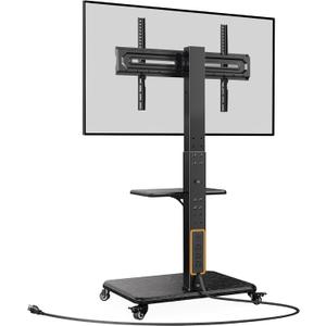 Perlegear Mobile TV Stand with Power Outlet, Tilt & Swivel Rolling TV Stand for 32-75 inches TVs up to 110 lbs, 12 Height Adjustable Rolling TV Cart with Wheels, Max VESA 600x400mm, PGTVMC17