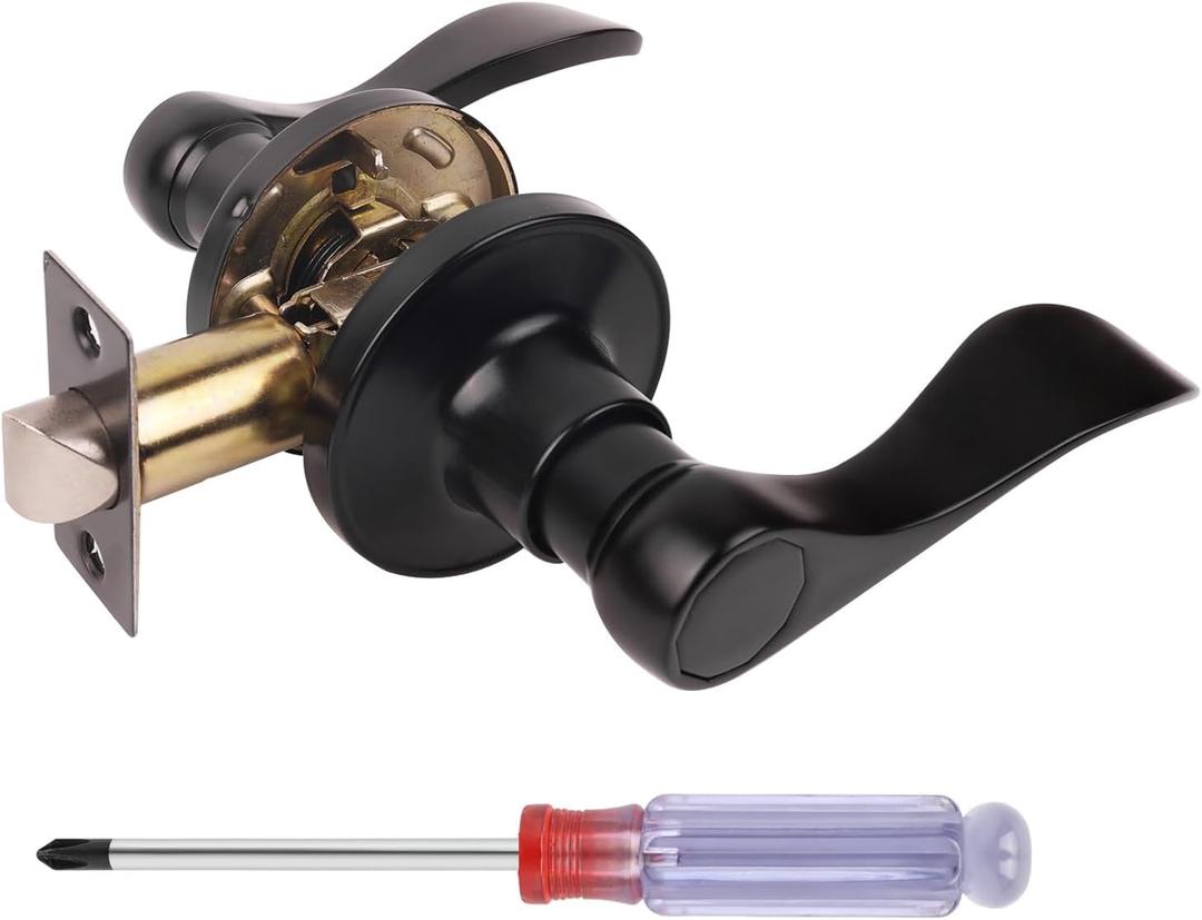 Matte Black Passage Door Handles, Wave Style Door Levers with Screwdriver, Keyless Interior Passage Door Handle for Hallway Closet, Reversible Door Handle Locks, Pack of 1