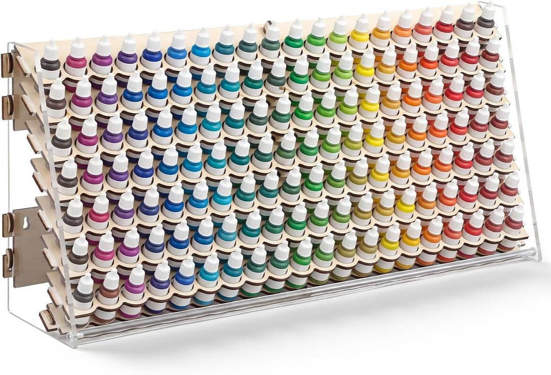 Colingmill Wooden Paint Organizer Storage Rack, 140 Holes Miniature Model Paint Holder for 18ml Dropper Bottles, Wall Mount & Portable Design, Acrylic Painter Storage for Hobby Artists