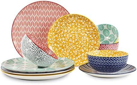 Selamica Ceramic Dinnerware Sets, 12-Pieces Plates and Bowls Sets, Scratch Resistant Dishes set for 4, Dishwasher & Microwave Safe, Assorted Colors