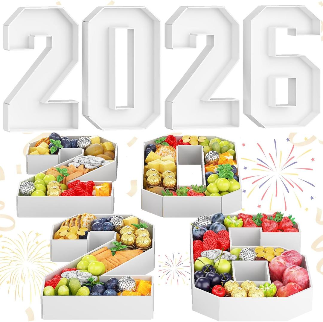 HILAVO 2026 Charcuterie Number Fillable, 4Pcs 13.7" Numbers Charcuterie Board Box 2026 Graduation Decorations Food Serving Tray for Congrats Grad Sports Event Birthday Party Supplies