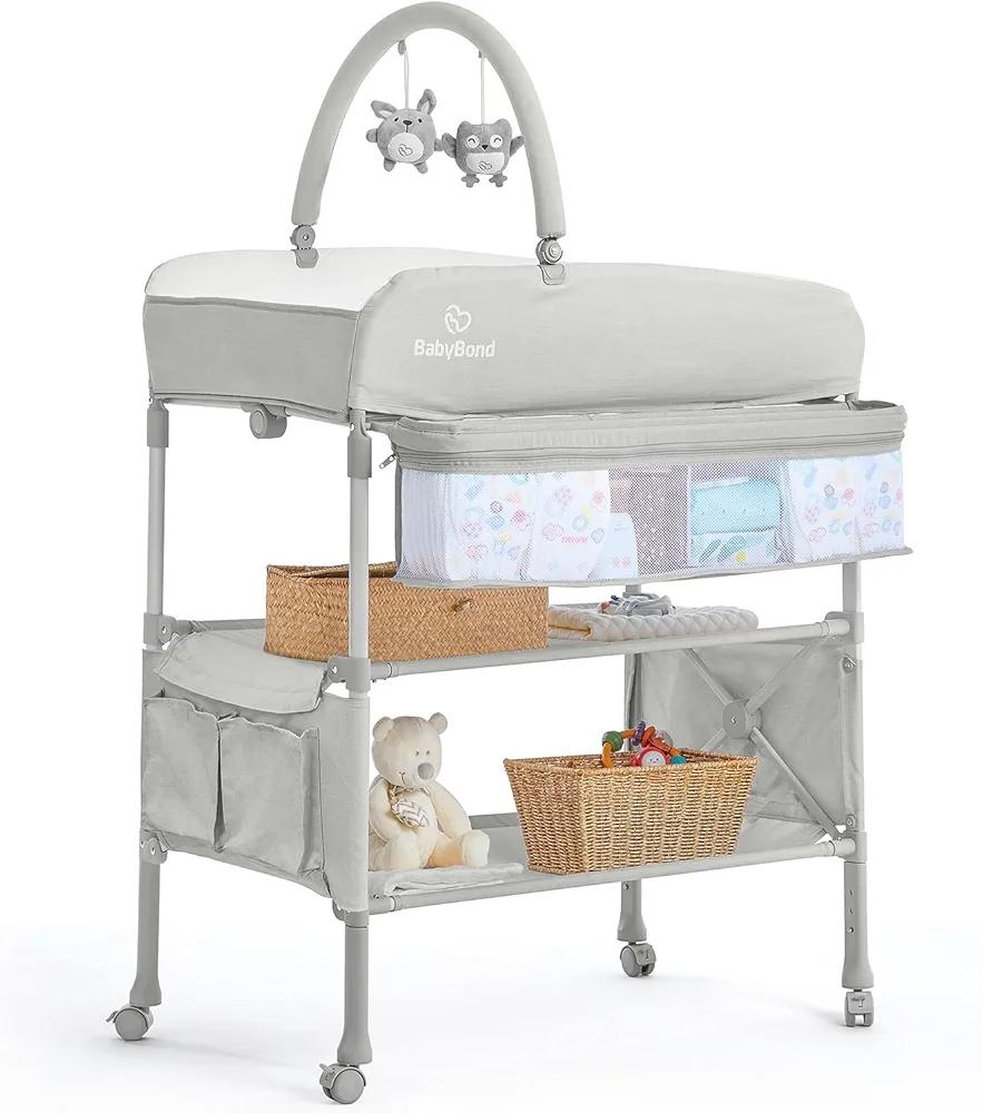 BabyBond Portable Baby Changing Table, Foldable Diaper Changing Table Dresser Waterproof Height Adjustable Changing Station for Infant and Newborn(Beige)