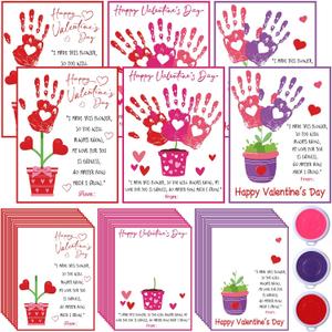 Pajean 30 Pack Valentines Day Handprint Bouquet Card Kit with 3 Large Ink Pads Red Pink Purple DIY Craft Set for Art Activity Stamping Holiday Party Home Family Gifts Supplies Decoration