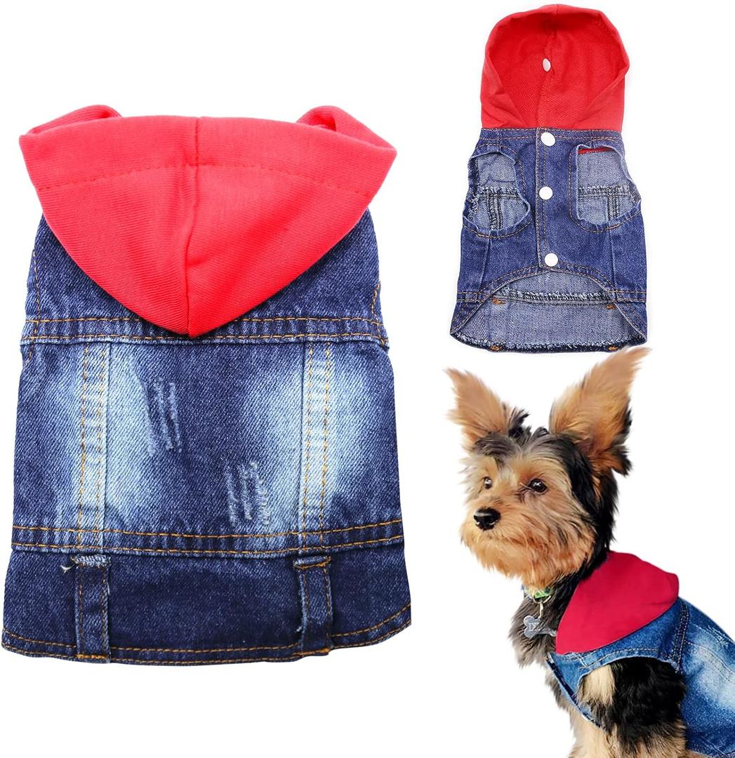 SILD Pet Clothes Dog Jeans Jacket Cool Blue Denim Coat, Dogs Lapel Vests Classic Hoodies Puppy Blue Vintage Washed Clothes (Red,M)