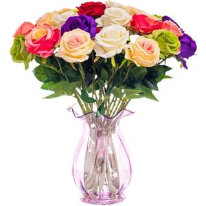 JINEN Artificial Flower Roses, 12PCS Real Touch Fake Flowers with Stems, Flannel Roses for Christmas Home Wedding Bathroom Kitchen Decorations(Mix Color)