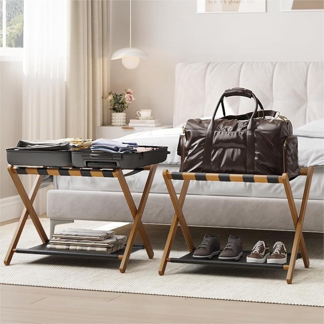 Smart FENDEE 2 Pack Luggage Rack, Folding Luggage Rack for Guest Room, Walnut Bamboo Suitcase Stand Holds up to 131 lb, Luggage Stand with Storage Shelf for Hotel, Bedroom