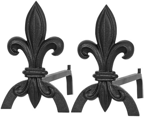Fireplace Andirons for Wood Burning Fireplaces, Heavy Duty Cast Iron & Steel, Black Modern Iris Shape Decorative Andirons, Elevates Logs for Better Airflow