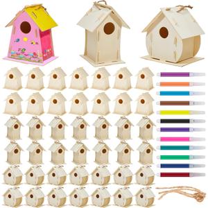 21 Sets DIY Birdhouse Kit to Build and Paint, Include Unfinished Wooden Bird House, Strips and Colorful Painting Pens for Fun Craft Activity Creative DIY Art Project