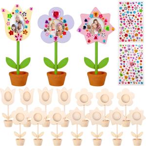 14 Sets DIY Paintable Wood Flowers Photo Holders, Mother's Day Crafts Wooden Flower Picture Frames, Spring Flower Pot Unfinished Wood Ornament with Gems Stickers for Painting Mothers Day Birthday Gift