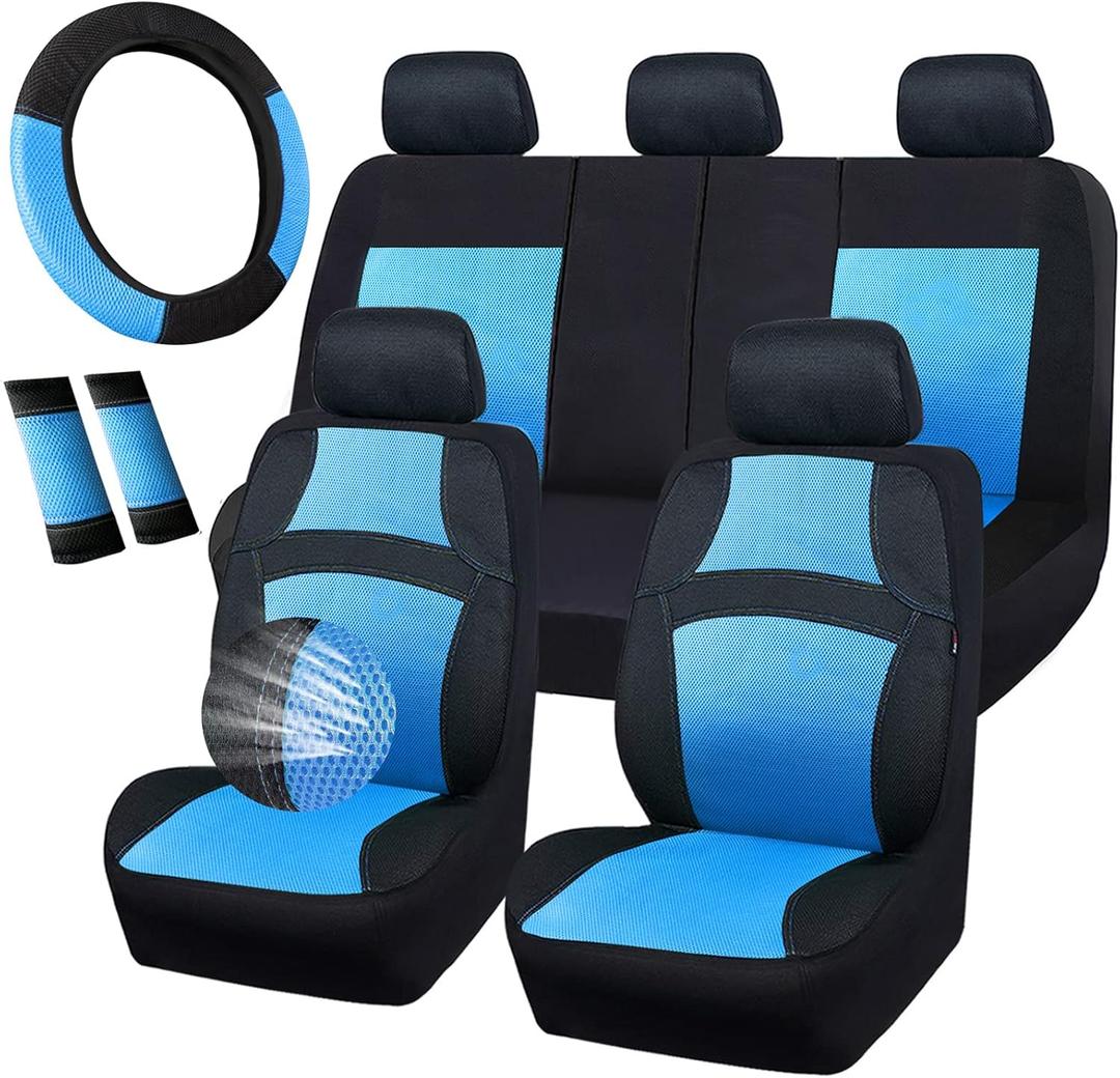CAR PASS Universal 13PCS 3D Air Mesh-100% Breathable Seat Covers Full Sets, Steering Wheel&Belt Cover, Airbag and Rear Split Bench Compatible for 90% Automotive SUV Truck Cute Women Black Water Blue