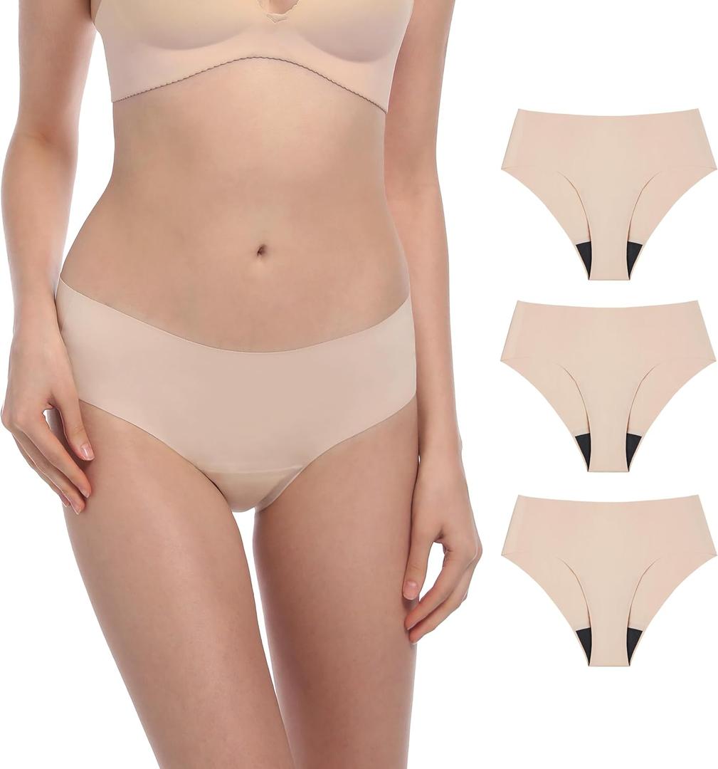Washable Incontinence Underwear for Women, 1.8 oz Absorbency, Reusable & Leak Proof Seamless Mid Rise Briefs for Bladder Leakage, 3 Pack (Beige, M)