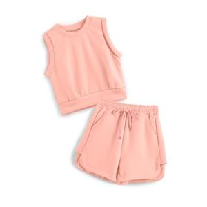 Handfrog Girl Summer Outfits 2025 Fashion 2 Pcs Crew Neck Sleeveless Top Wide Leg Pants Kids Clothes Tracksuits Pink (Size 150)
