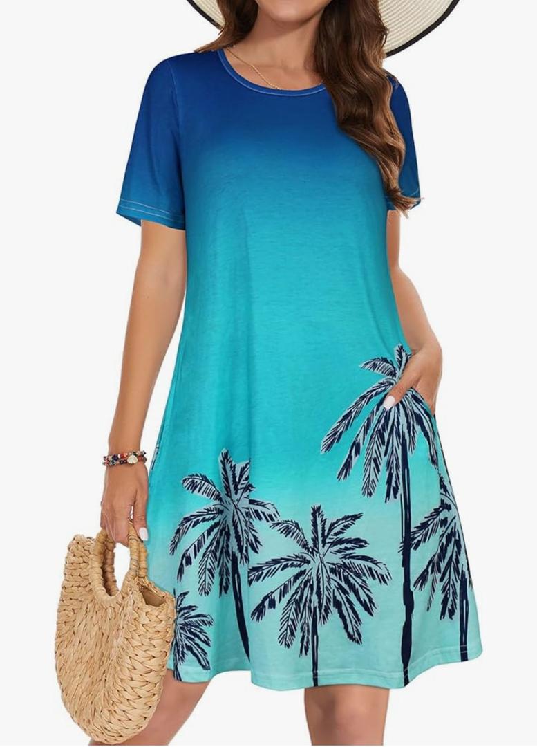 Summer Dresses for Women Casual Tshirt Short Sleeve Floral Sundress Beach Cover Ups with Pockets, XXL