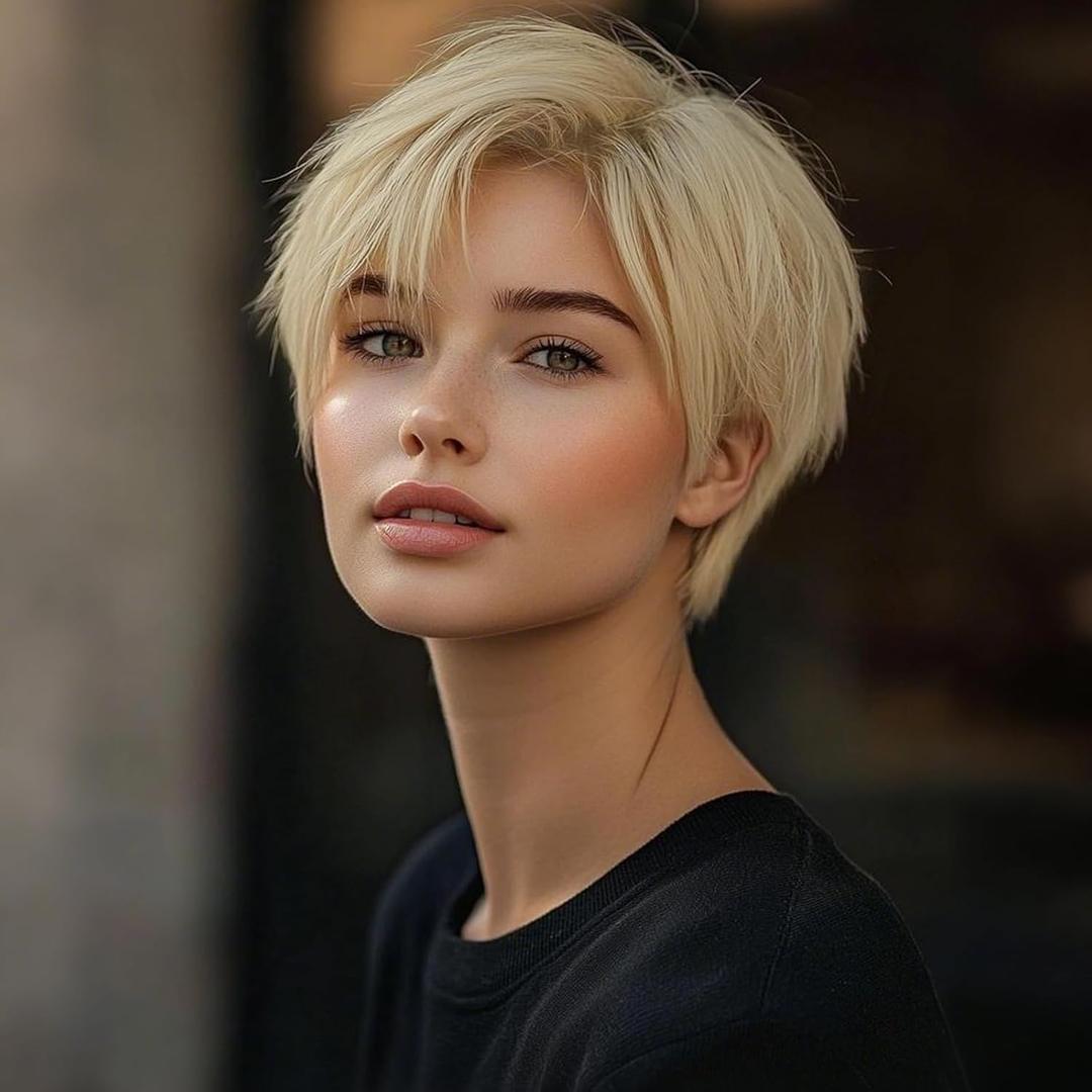 QUEENTAS Short Blonde Wig,Pixie Cut Wigs for White Women with Bangs Pixie Layered Short Hair Wigs for Women Synthetic Hair Daily Use Cosplay (Light Golden Blonde)