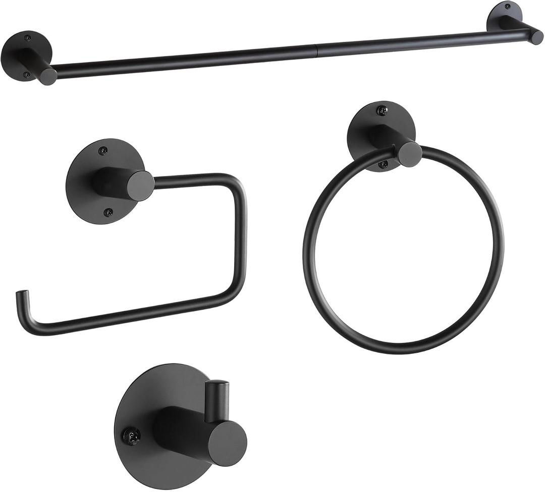 BVL Towel Racks for Bathroom 4 Pieces,Matte Black Stainless Steel Bathroom Accessories Set Wall Mounted Included 24 Inches Towel bar,Towel Holder,Toilet Paper Holder,Robe Hook