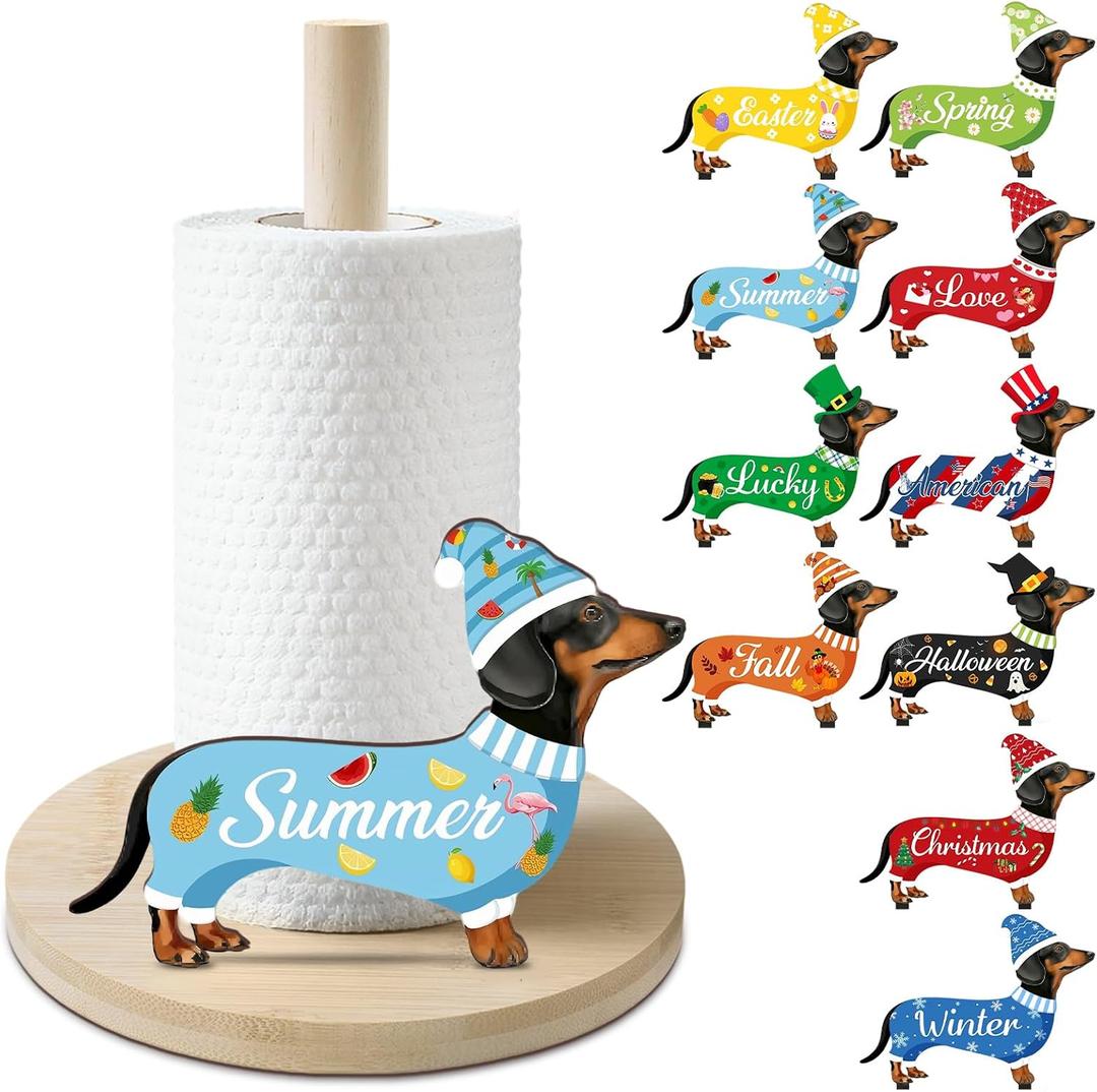 Interchangeable Paper Towel Holder Seasonal Freestanding Bamboo Paper Towel Holder with 10 Holiday Sign Countertop Decoration for Summer 4th of July Kitchen Home Bathroom (Dachshund)
