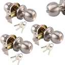 3 Pack Stainless Ball Door Knobs with Lock and Key - Round Ball Entry Lock Interior/Exterior Door Knob for Bedroom/Bathroom
