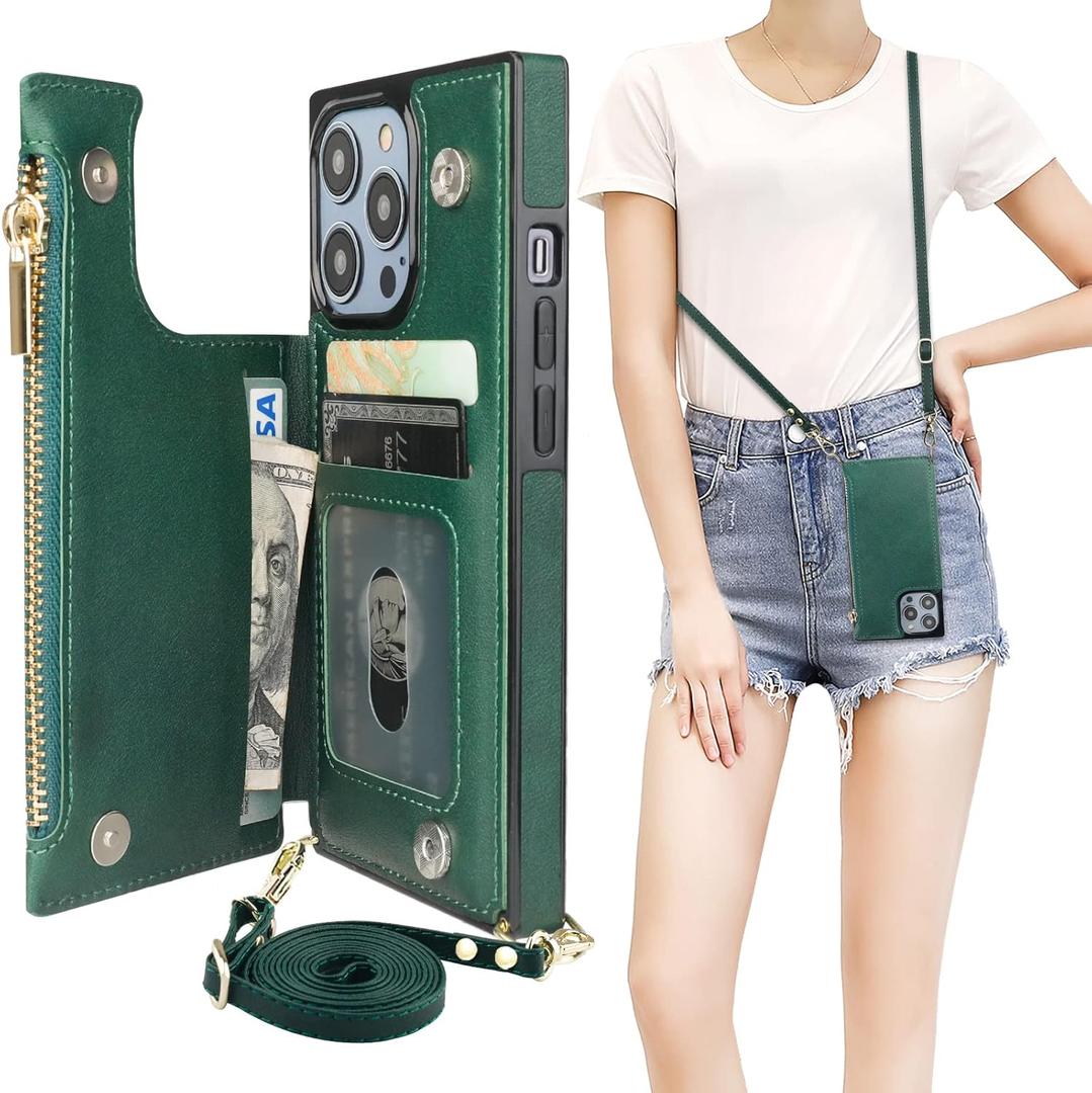 Bocasal Crossbody Wallet Case for iPhone 14 Pro with RFID Blocking Card Slot Holder, Magnetic Flip Folio Purse Case, PU Leather Zipper Handbag with Detachable Lanyard Strap 6.1 Inch 5G (Green)