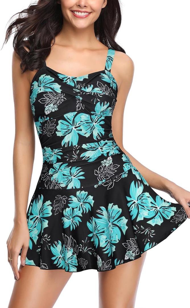 SHEKINI Women's Crossover Ruched Skirt One Piece Swimdress Swimsuit Bathing Suit (XX-Large, Black-blue Flower)