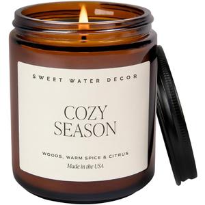 Sweet Water Decor Cozy Season Soy Candles - Fall Candles with Woods, Warm Spice, and Citrus Scent for Home Decor - Soy Candle with 40 Hours Burn Time - 9Oz Black Lid Amber Jar Candles Fall Scents (Tan Label)