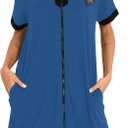 Women Zipper Front House Coat Short Sleeves Robe Zip up Bathrobes Short Nightgown with Pockets Medium, Peacock Blue 