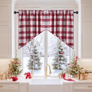 NICETOWN Swag Kitchen Curtains for Christmas Decor,Rod Pocket Short Window Curtains for Living Room, Room Darkening Small Shade for Bedroom (Red & White, 1 Pair, 36" x 36")
