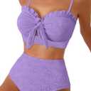 Herseas Women's Seashell Textured Bikini Sets Knotted Front 2 Piece Swimsuits Ruffle Trim Bathing Suits, XL