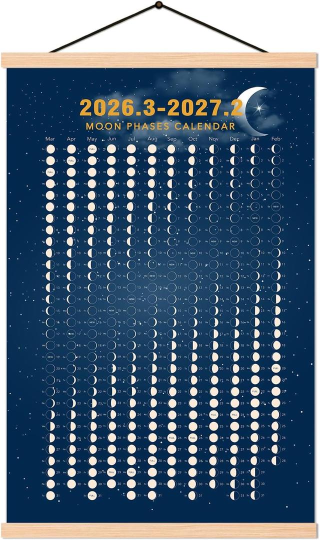 2026 March - 2027 February Moon Phase Calendar Print Poster Vertical Canvas Material Lunar Cycle Chart Ready to Hang with Frame Space Wall Art Decor (16 X 24 Inch)