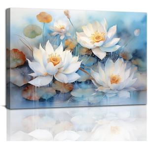 Lotus Flower Wall Art White Lotus Canvas Prints Zen Floral Pictures Flower Bloom Paintings Watercolor Artwork for Bathroom Spiritual Meditation Decor Framed(Lotus-2,16.00" x 24.00")