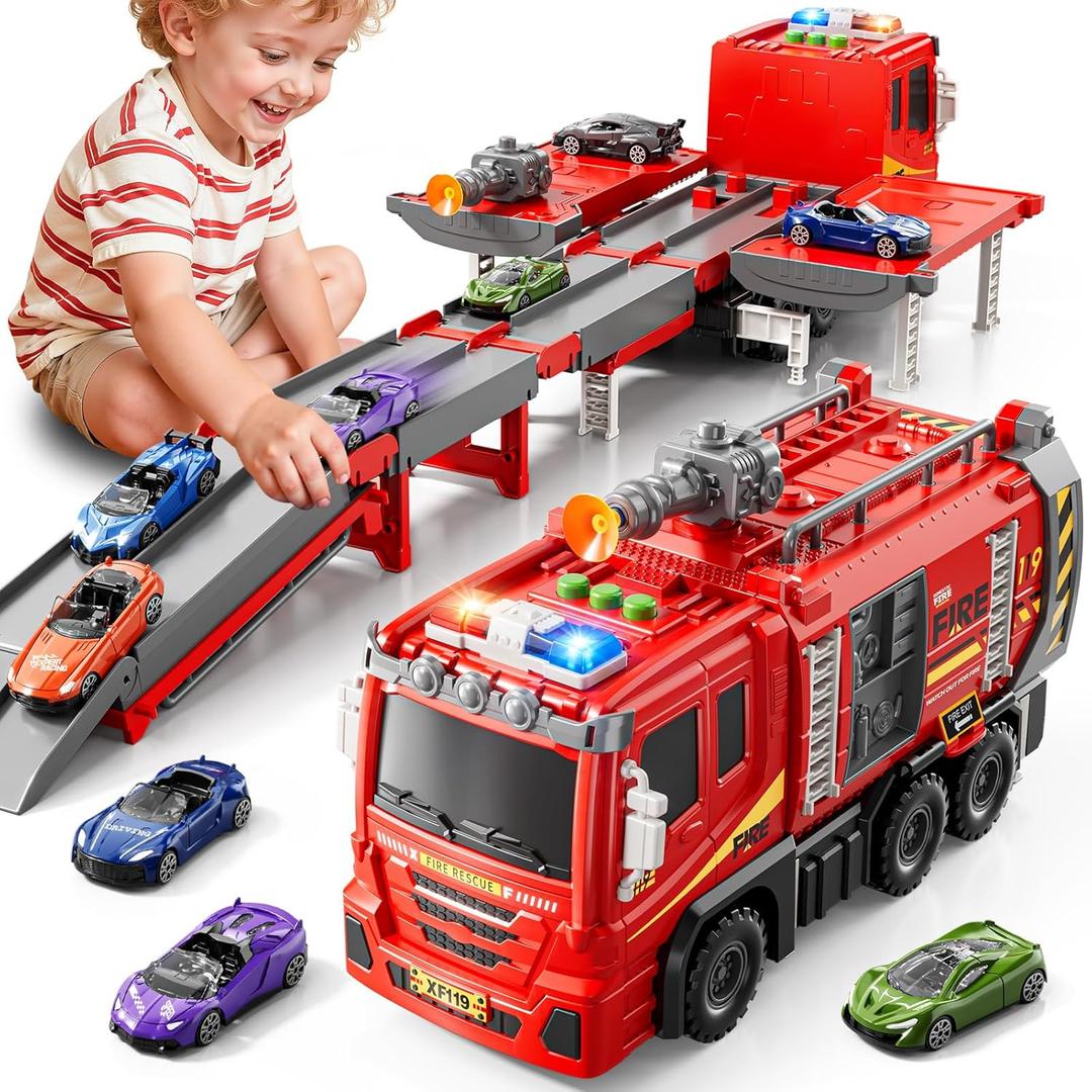 XINNOVEL Fire Trucks Toys for Toddlers Ages 3-5, Folded Carrier Truck Race Track with with Lights & Sounds and 6 Racing Car Toys, Birthday Gift for 3 4 5 6 7 8 Years Old Boys Girls