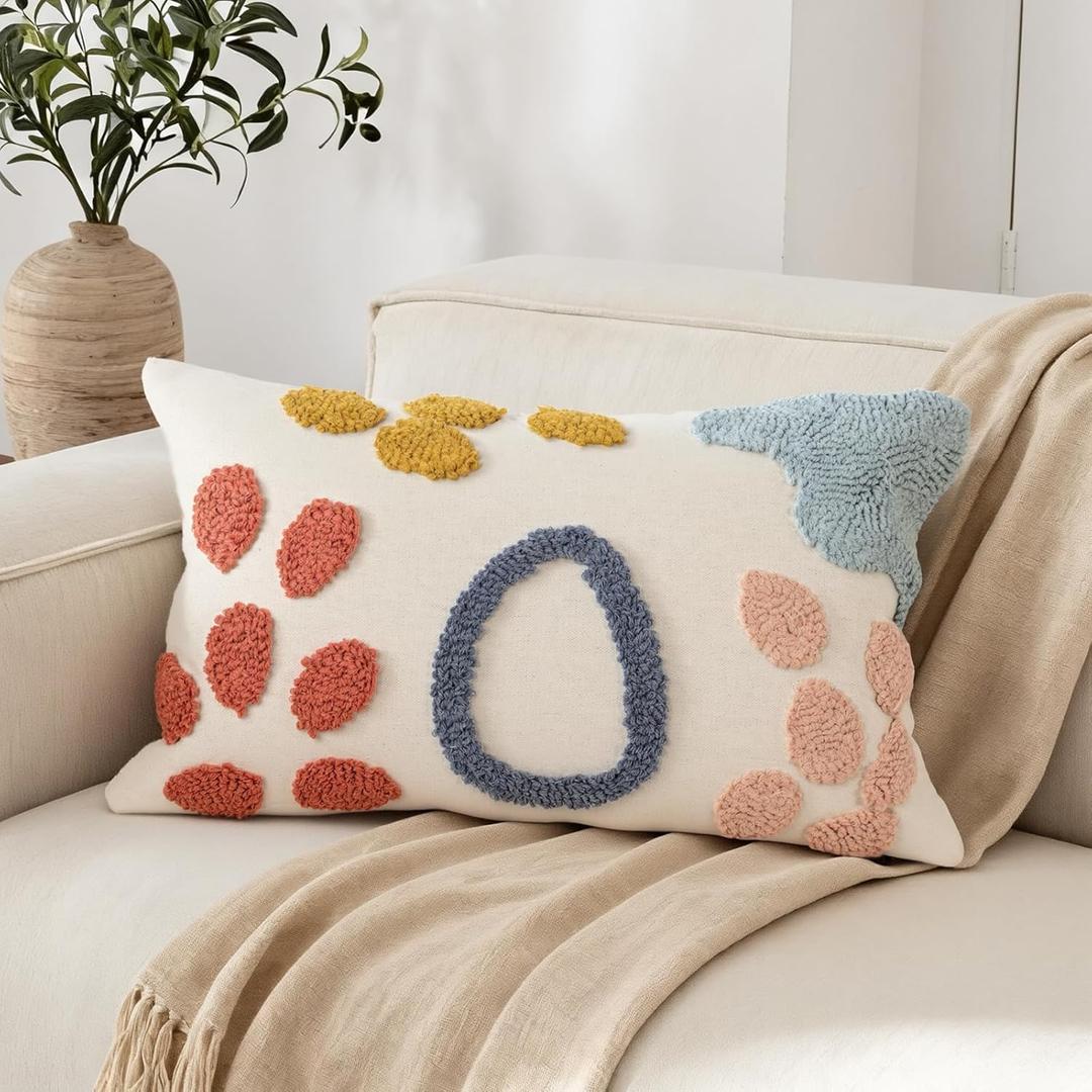 Boho Abstract Tufted Lumbar Pillow Cover 12x 20, Rain Cloud Cottagecore Decor Linen Pillow Cushion Case, Neutral Accent Modern Farmhouse Home Decor Blue Pink