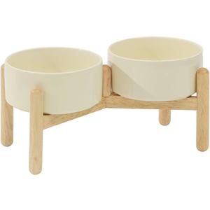 Havniva Ceramic 6.1inch Raised Dog Bowl with Stand for Small and Medium Breed Dog Dish Pet Food and Water Bowl (Double Bowl with Stand  Light Yellow, 28oz)