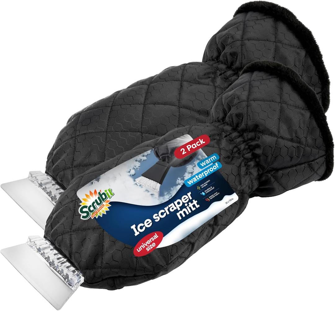 SCRUBIT Ice Scraper with Glove [2 Pack] - Car Windshield Scraper for Ice and Snow w/Fleece Mitt - Quickly Scrape and Remove Snow While Staying Warm - Waterproof - Car Scraper Snow Brush (Black)