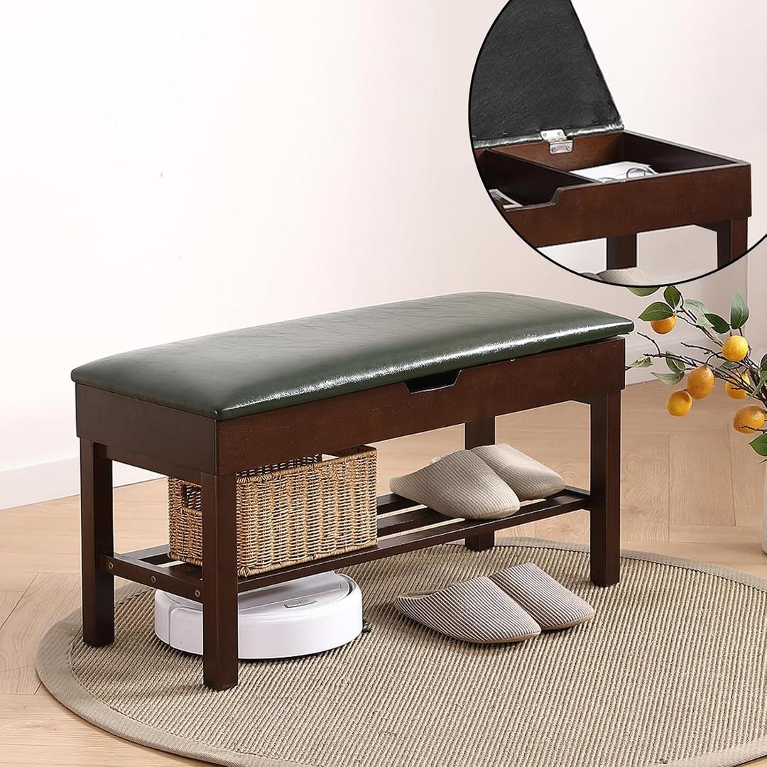 Solid Wood Shoe Bench with Lift-Up Cushion Storage 2-Tier Shoe Rack for Front Door Entrance Hallway Benches with Hidden Storage (Walnut Green, 31.5in)