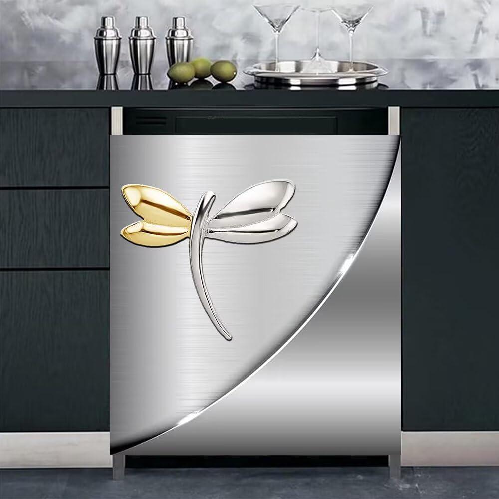 Kitchen Dishwasher Magnetic Cover, Faux Stainless Steel Dishwasher Front Cover Decor, Dragonfly Magnet Decorative Refrigerator Cover (23W x 26H Inch) (D646m)