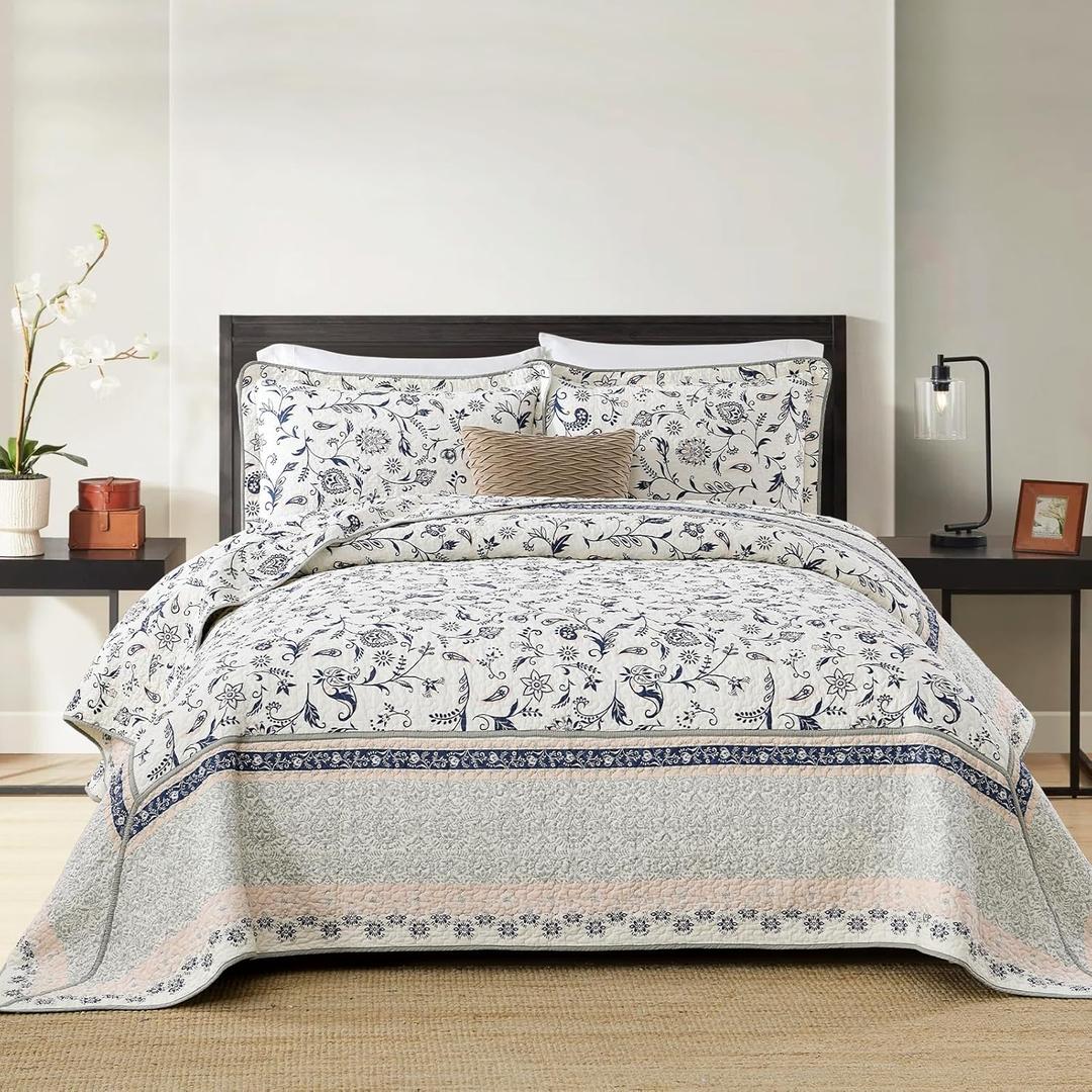 Finlonte Botanical 120"x120" California King Size Bedspread, 100% Cotton Vintage Floral Quilted Bedspread Coverlet Bedding Set, Patchwork Lightweight Extra Large Quilt XL Bed Spread, Gray/Navy, 3Pc
