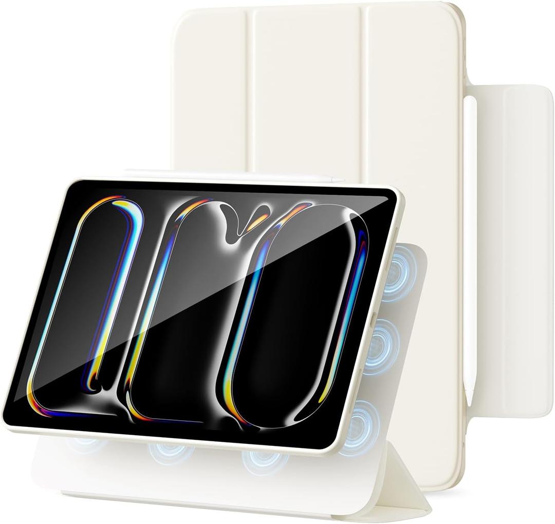 for iPad Pro 13 inch Case 2024, Detachable Magnetic Rotating Protective PU Leather Case with Pencil Holder (Cream White)