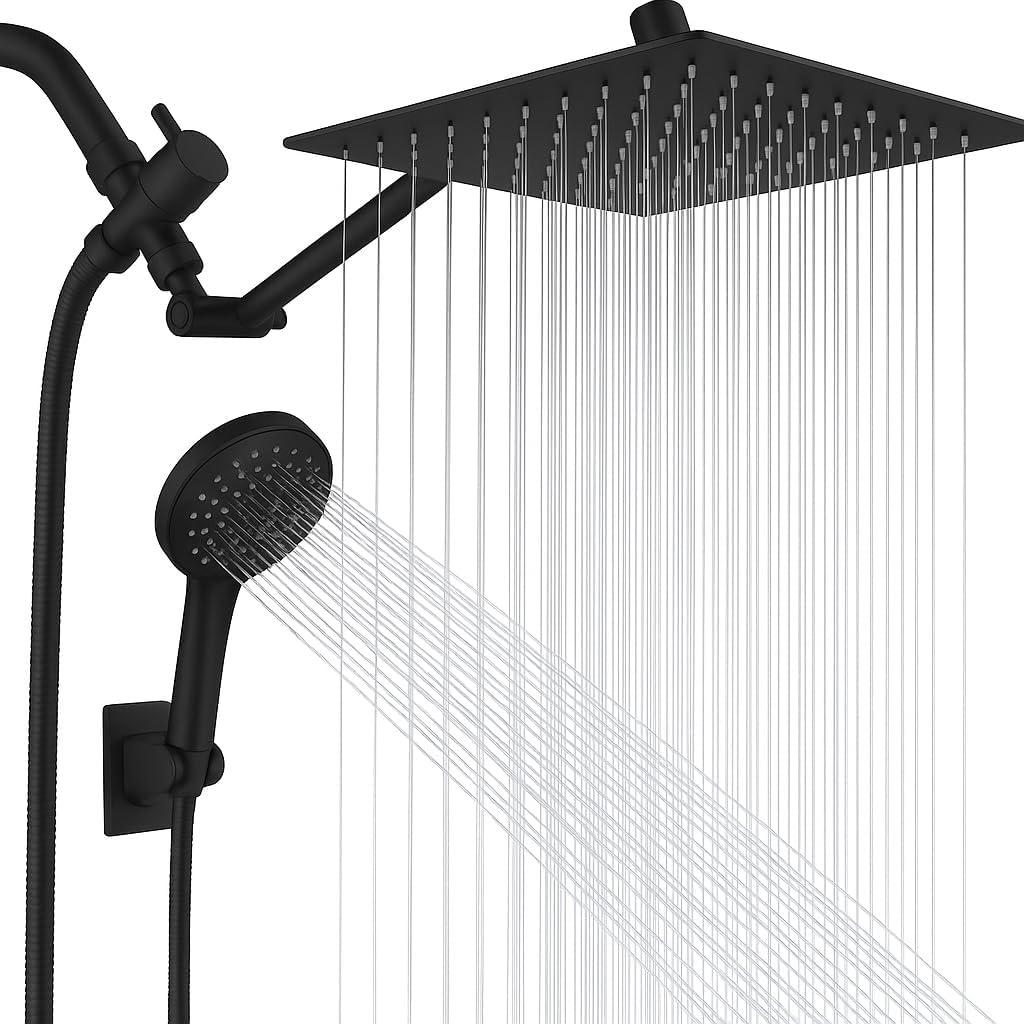 Peicuai Shower Head Combo, 10-Inch High-Pressure Rainfall Shower Head with 11-Inch Adjustable Extension Arm, 5-Setting Matte Black Handheld Shower with Long Hose, Powerful Spray for Low Water Pressure
