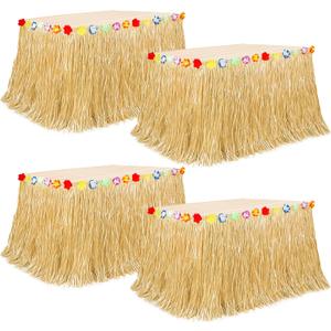 Luau Party Table Skirt Decorations, 4PCS Gold Hawaiian Themed Grass Table Skirt, 108 X 29.5" Flower Tropical Hula Dance Parties Supplies, Table Skirt for Hawaiian Summer Beach Themed Party Decor